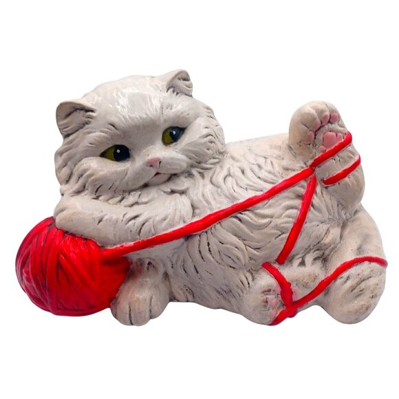 Vintage 11.5" White Persian Cat Green Eyes Figurine Playing With Red Yarn Statue - Picture 1 of 12